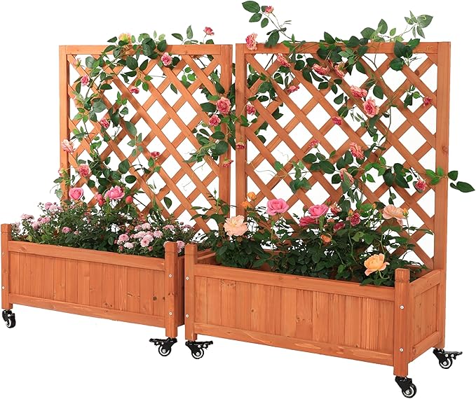 2 Pcs Wooden Planter Boxes with Trellis: Four Universal Wheels for Easy Mobility 37.6 H x 27.5 W x 13 DPerfect for Outdoor Climbing Plants on Patios Balconies &amp Gardens