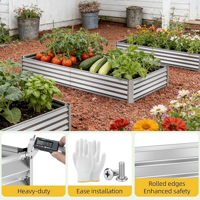 SUPERLELE 6x3x1ft Silver Galvanized Raised Garden Bed Thickened Metal Planter Box for Outdoor Vegetables &amp Flowers 72 L x 36 W x 12 H