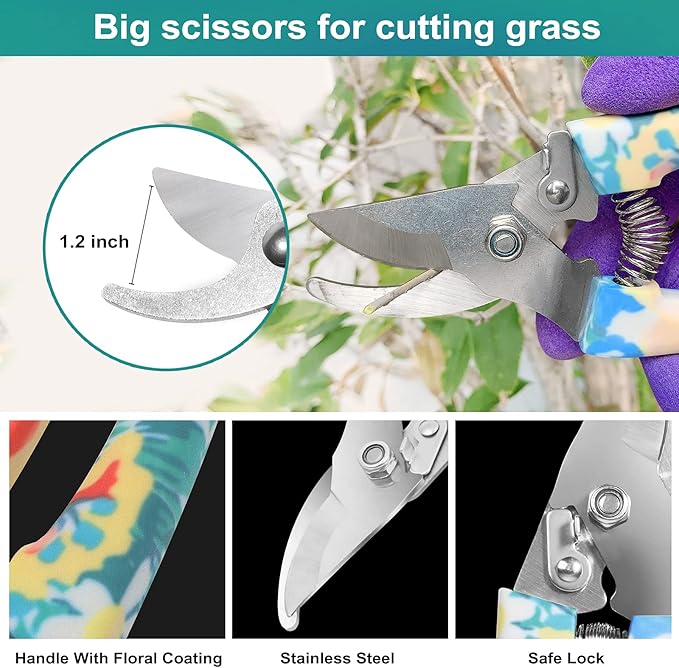 Garden Tool Set Stainless Steel Heavy Duty Gardening Tools 30 PCS w/Floral Print Trowel Rake Weeder Pruner Shears Sprayer Digging Claw Gloves Ideal Gardening Set for Women