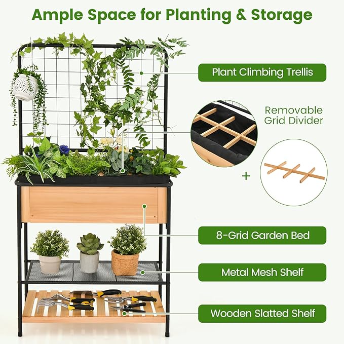 HAPPYGRILL Outdoor Raised Garden Bed 59” Wooden Elevated Planter Box w/Open Storage Shelves Removable Grid Divider Drain Holes &amp Black Liner Raised Garden Bed w/Legs &amp Trellis for Vegetabl
