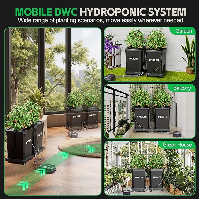 SPECILITE DWC Hydroponics Grow System with Top Drip Kit 7 Gallon 2 Buckets Deep Water Culture Recirculating Drip Garden System with Plant Stand with Wheels Air Pump Air Stone Air Hose