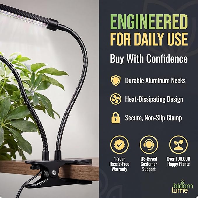 Bloom Lume LED Grow Lights for Indoor Plants Full Spectrum - Features Multi Mode Color Spectrums Dimmable Auto Timer Clip on Goosneck Plant Lamp