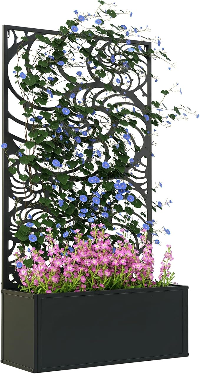 Outsunny Metal Raised Garden Bed with Trellis for Climbing Plants Freestanding or Wall Mounted Flower Bed with Privacy Panel Snail Cut-Outs Outdoor Planter Box for Garden Patio Balcony