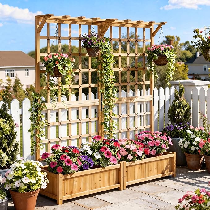 Aoxun 144 Raised Garden Bed with Trellis Wood Planter Container with Hanging Roof &amp Garden Boxes for Climbing Plants Flowers Vine (4 piece)