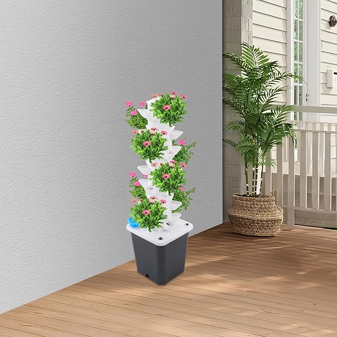 7-Tier Hydroponic Growing Tower System 35 Holes Vertical Indoor Garden with Water Pump White and Grey 96cm Height for Home Balcony Herb Vegetable Planting (Grey)