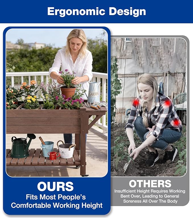 Raised Garden Bed Outdoor with Wheels 52.7 Elevated Wooden Garden Bed with 8 Planter Boxes Removable Dividers Storage Shelf Standing Mobile Planter with Non-Woven Liner