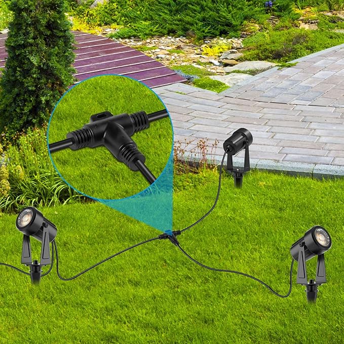 SUNTHIN 4 Pack Outdoor Landscape Lighting with Dusk to Dawn Sensor Controller Bundled 9.8FT T Shape Extension Cord
