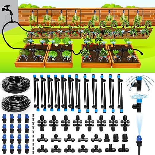 Bonviee Drip Irrigation System 230FT – Quick Connect Garden Watering Kit with Adjustable Drip Emitters 1/4” &amp 5/16” Tubing for Raised Beds Greenhouse Lawn Automatic Timer Compatible