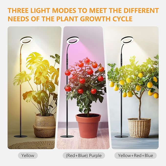 Grow Lights for Indoor Plants Full Spectrum with High Aluminum Stand31.5-63in Height AdjustablecAuto Timer Flexible Gooseneck10-Level Dimmable Floor Lamp for Small Tall Large Plant Growth