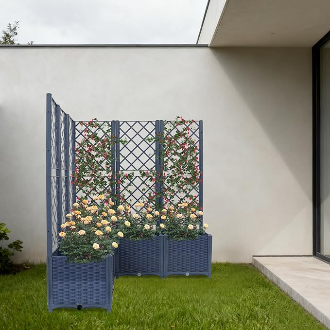 Garden Planter with Trellis 5 Pcs Plastic Raised Garden Bed Privacy Screen Outdoor Planter Box for Patio Balcony Backyard (Blue)