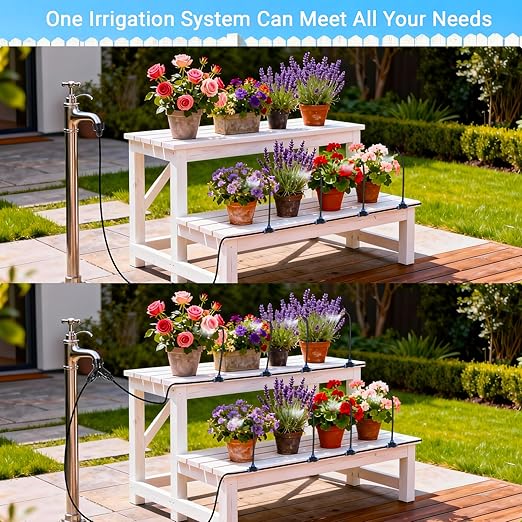 100FT 360° Adjustable Drip Irrigation Kit – 1/4 Tubing with 18 Nozzles Full-Circle Spray for Greenhouse Vegetable Garden &amp Potted Plants Water-Saving DIY Irrigation System