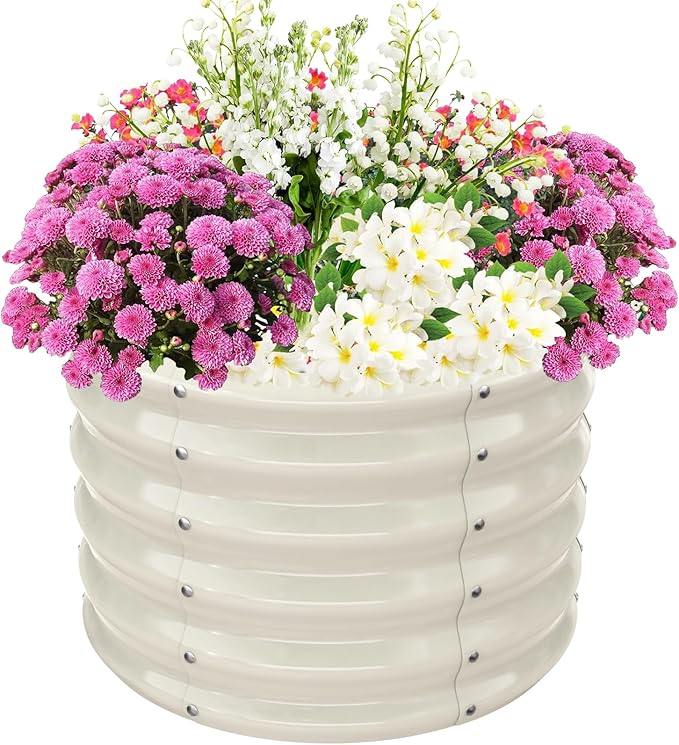 17 Tall Elevated Round Metal Rised Garden Bed- 2'x2' in Size and 0.8MM Thick Durable Planter Box for Vegetables Flowers Succulent at Patio/Garden Outdoor (White 2FT Diameter)