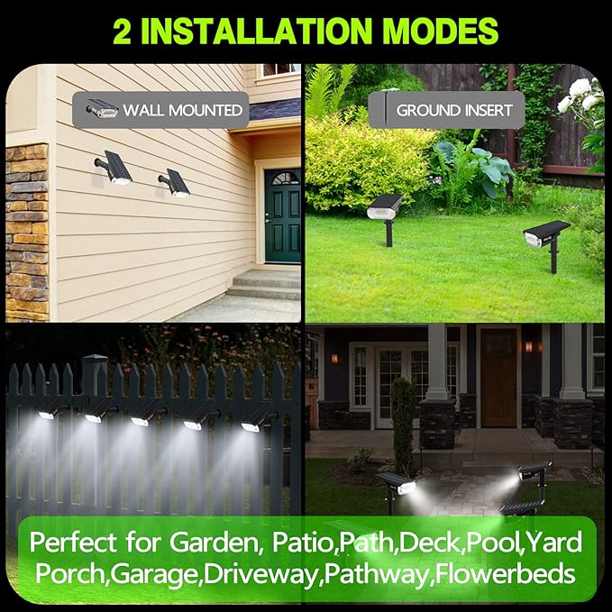Solar Spot Lights Outdoor 1000 Lumens 64 LEDs IP67 Waterproof Landscape Lighting with 4 Modes - 2-in-1 Solar Spotlight &amp Pathway Light for Garden Yard Patio Decor 4 Pack