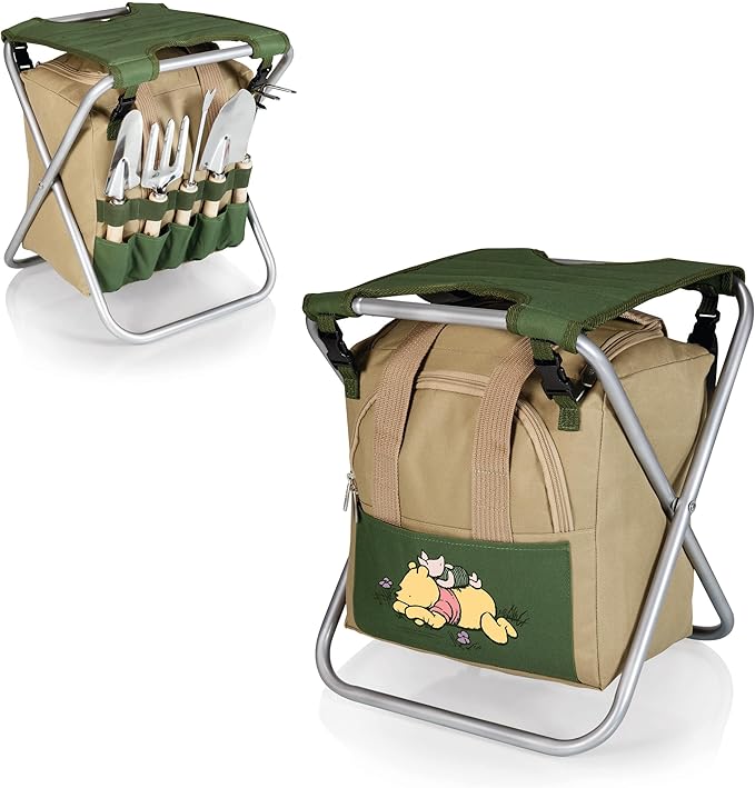 PICNIC TIME Disney Winnie The Pooh Gardener Folding Seat with Tools Folding Garden Stool with Detachable Tote and Hand Tool Set Organizer Portable Gardening Chair (Olive Green with Beige Accents)