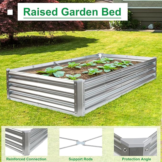 JERIA 6×3×1ft Raised Garden Bed with Support RodsGalvanized Raised Garden Bed Kit Outdoor Metal Gardening Planter Box for Vegetable Fruits Flower