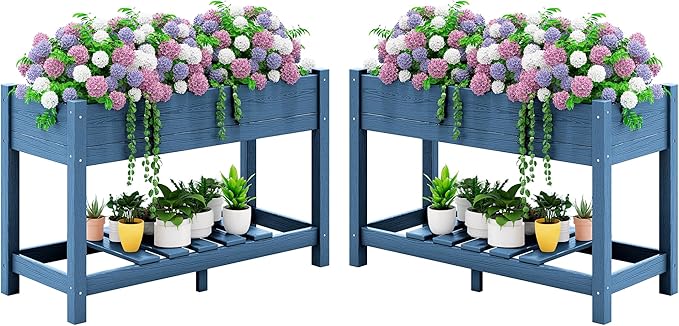 SERWALL Raised Garden Bed with Legs Set of 2 43×17×30 Large HDPE Elevated Planter Box for Vegetables Flower Herb Patio All Weather Use- Blue