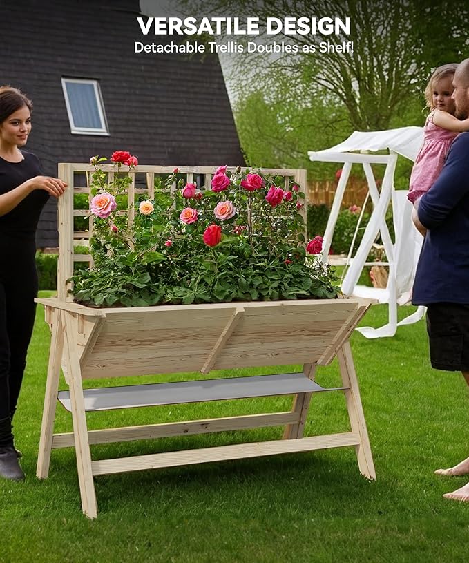 52x30x54 in Elevated Garden Bed with Legs Tall Wooden Planter Box with Climbing Trellis Outdoor Standing Raised Bed for Vegetables Flowers and Herbs-Natural