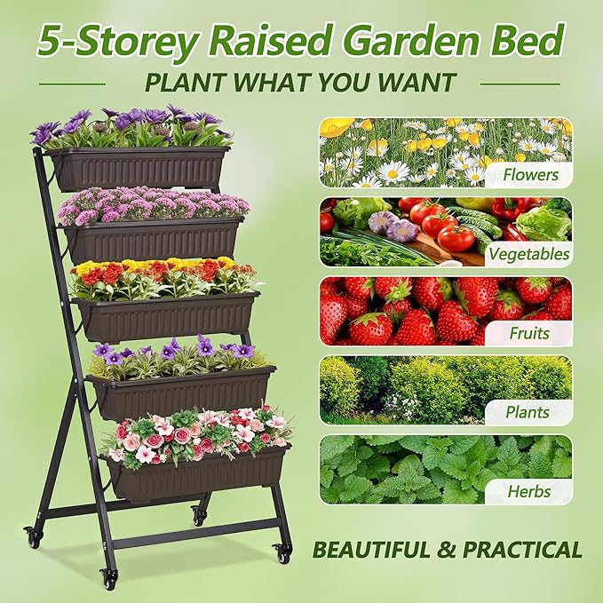 VECELO 5-Tier Vertical Garden Bed Freestanding Elevated Raised Garden Planter with 5 Garden Planter Boxes Lockable Caster Wheels Drainage System for Plants Vegetables Flowers Herbs