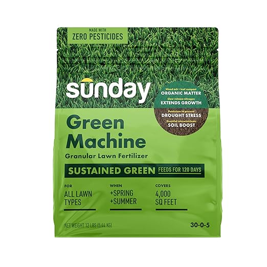 Sunday Green Machine Granular Lawn Fertilizer - 30-0-5 Mix for Up to 120 Days of Growth - Enriched with Potassium &amp Organic Matter for Soil Health &amp Extended Feeding - 12lbs - Covers Up to 40