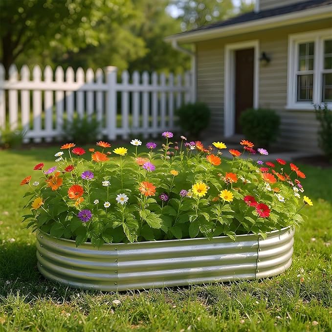PayLessHere 6x3x1FT Galvanized Garden Bed Outdoor Elevated Raised Garden Bed Vegetables Flowers Garden Bed Galvanized Steel Garden Planter Box Oval Raised Bed Kit Silver