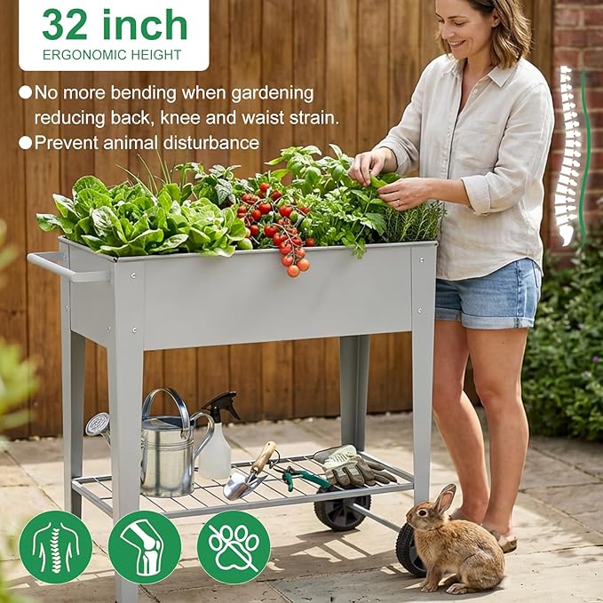 Elevated 32 Tall Raised Garden Bed with Legs and Wheels for Mobility Metal Planter Boxes Outdoor with Shelf Raised Bed for Gardening Vegetables/Herbs Backyard Patio Balcony Grey