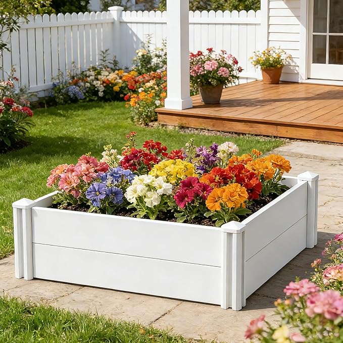 4'x4'x12 White Vinyl Raised Garden Bed Kit | Screwless Modular Planter Box | Outdoor Above Ground Bed for Vegetables Herbs Flowers &amp Whelping Pen