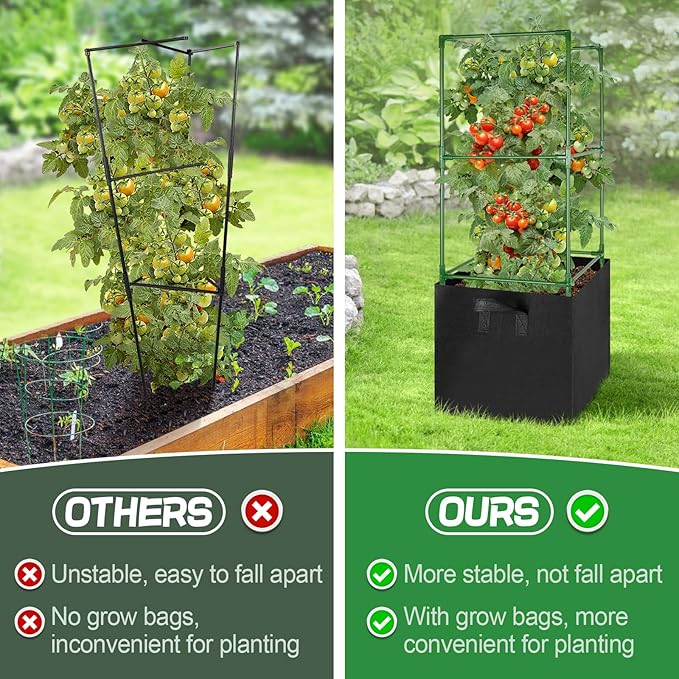 ANPHSIN Tomato Cages with 17 Gallon Grow Bags - 46'' Heavy-Duty Plant Support Cage Kit Garden Pots with Square Plant Trellis for Flowers Vegetables Cucumber Vertical Climbing Vines 2 Sets
