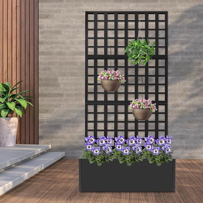 PERFERATE Metal Planter Box with Trellis 35x16x71in Planter Box with Trellis Privacy Screen Raised Garden Bed with Trellis Garden Box for Climbing PlantsVegetablesand Vines (Black)