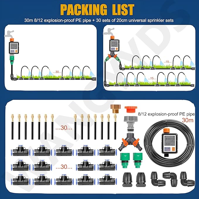 Drip Irrigation System Kit Automatic Garden Watering System Adjustable Bendable Nozzle Copper Sprayer System for Garden for Outdoor Plants for Garden Yard Lawn Greenhouse30m/98.4ft