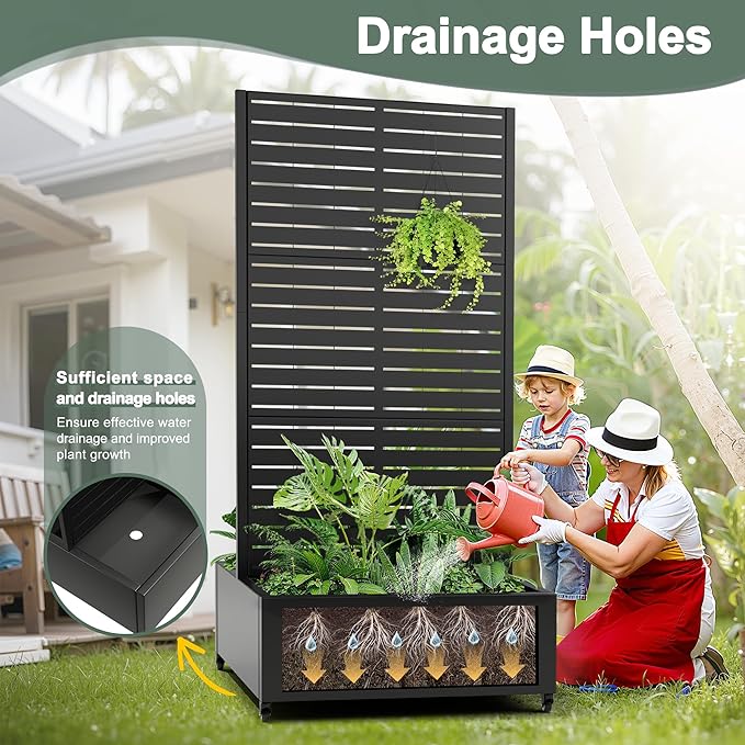 Metal Trellis Planter Box with Wheels Standing Privacy Planters for Patio Garden Boxes with Trellis for Climbing Plants (35 L×24 W×71 H Black)