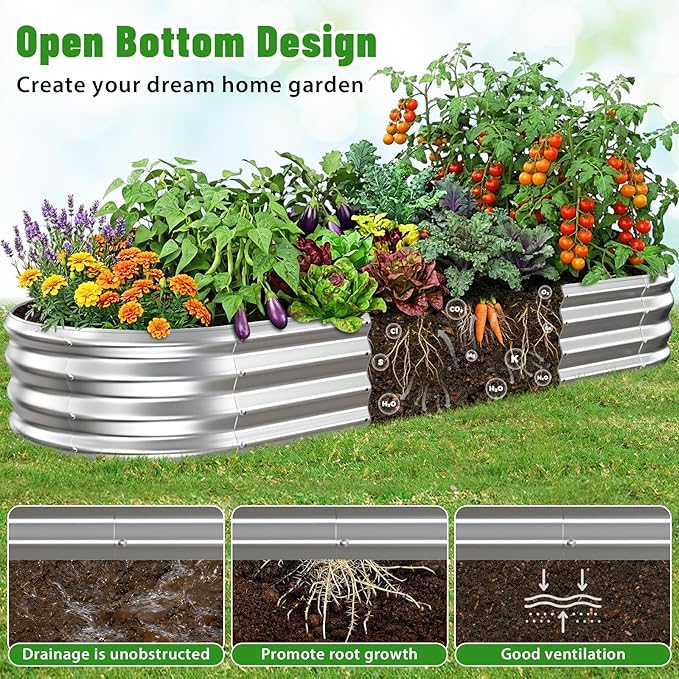Oval Raised Garden Bed 5 x 2 x 1FT Galvanized Steel Planter Box with Wave-Shaped Metal Panels for Outdoor FlowerTreeHerb &amp Vegetable Garden (Silver 72X24X12 inches)