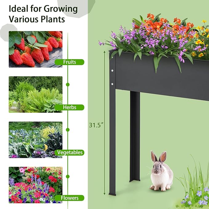 MAT EXPERT Raised Garden Bed 31.5’’ Elevated Metal Planter Box Stand w/Drainage Hole Outdoor Indoor Plant Container for Vegetable Flower Herb Fruit Standing Raised Bed for Backyard (Black)