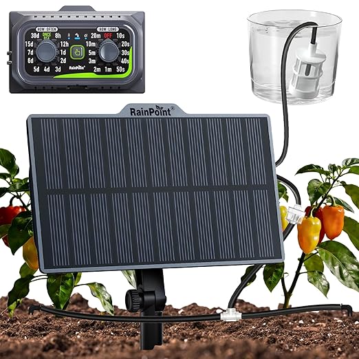 RAINPOINT Easy-Setup SolarRechargeableUSB-C Powered Automatic Drip Irrigation Kit System for Garden Outdoor/IndoorPlant Waterer Device Balcony Patio Grow Tent Greenhouse Indoor Water 10-20 Plants