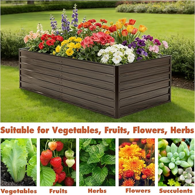8x4x2 ft Tall Galvanized Raised Garden Bed Kit Large Metal Planter Box with Support Rods Safety Rubber Edge &amp Gloves Outdoor Raised Garden Bed for Vegetables Flowers &amp Herbs