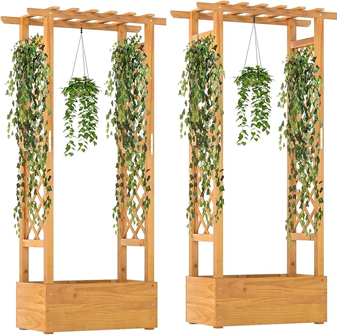 Wooden Flower Rack Raised Garden Bed &amp Double-Sided Grid Fir Tree Planting Box with Drainage Holes &amp Bottom Gap for Flowers Suitable for Decoration Garden (No Base Panel 2)