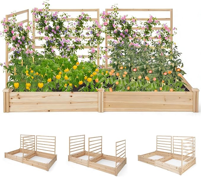 COSTWAY Raised Garden Bed with 2 Planter Boxes &amp 3 Trellises Outdoor Wooden Planter Kit for Flowers Herbs Vegetables Fruits &amp Climbing Vines Elevated Garden Planter for Patio 88L x 45W
