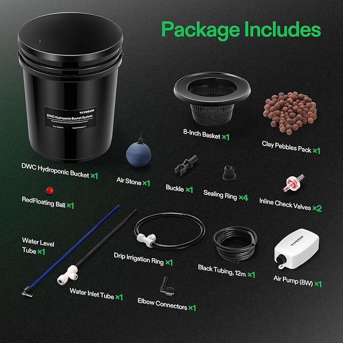 VIVOSUN DWC Hydroponics Grow System with Top Drip Kit 5-Gallon Deep Water Culture Recirculating Drip Garden System with Multi-Purpose Air Hose Air Pump and Air Stone (1 Bucket + Top Drip Kit)