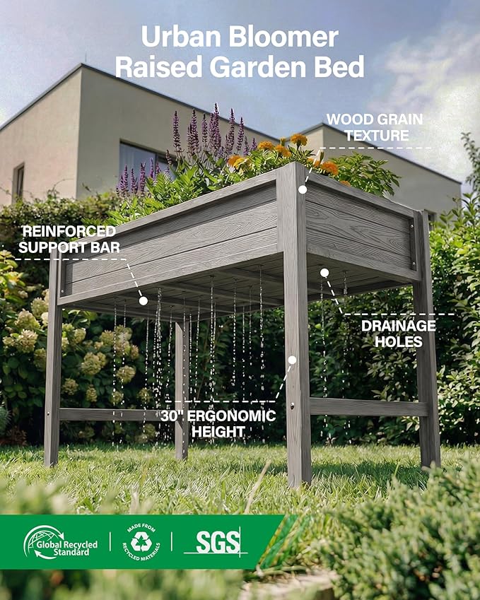 YEFU Standing Garden Bed No-Bending: 48x24x30 Inch Elevated Planter Box with Legs for Vegetables Herbs Flowers - Waist-High/UV-Resistant HIPS - 385lbs Capacity for Patio Balcony Use (Grey)
