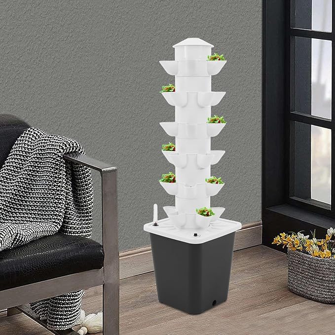 Hydroponic Growing System 30-Plant Vegetable Planter Tower Outdoor Indoor Garden Vertical Planter Germination Kit with Water Pump &amp Intelligent Water Circulation for Gardening Lover