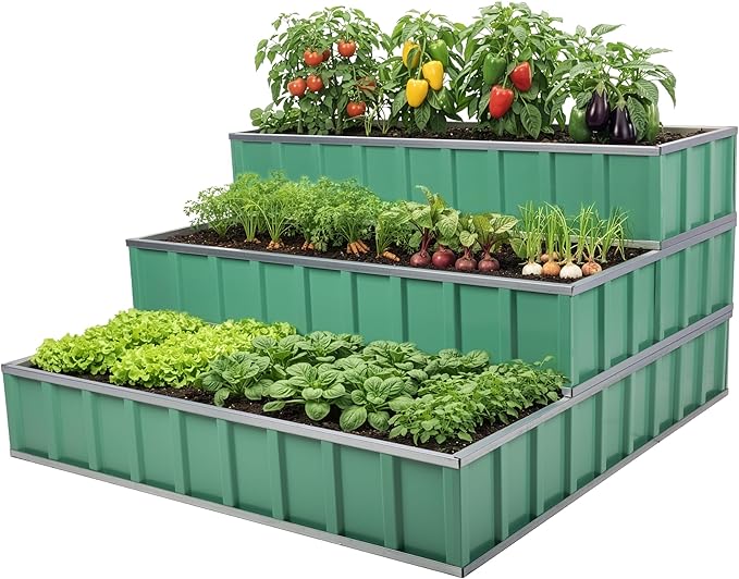 Pure Garden 3 Tier Metal Raised Garden Bed - 45” x 45” x 24” Galvanized Steel Above Ground Planters for Vegetable Garden Flowers and Herbs - Stackable Planter Raised Beds for Gardening (Green)