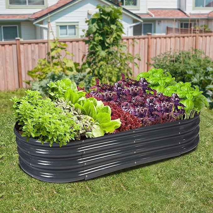 Raised Garden Bed GRS Certified Galvanized Planter Box Outdoor 8ft Oval Rot-Resistant Metal Garden Bed Planter Recycled Eco-Friendly Material Planter for Vegetables Flowers Herbs (Grey)
