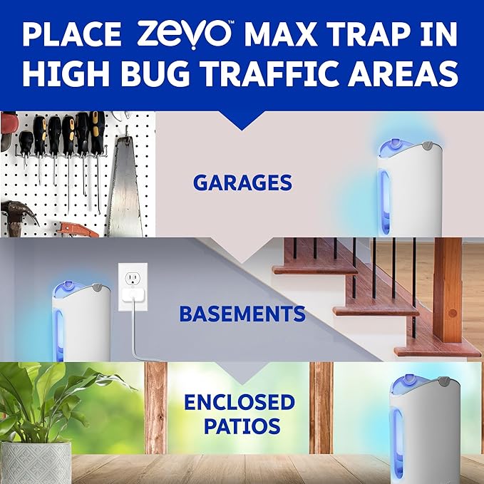 Zevo MAX Bug Catcher &amp Fly Trap for Indoors - Flying Insect Trap for Gnats House &amp Fruit Flies - Use in Any Room - No-Mess Disposal (2 Plug in Bases &amp 4 Cartridges)