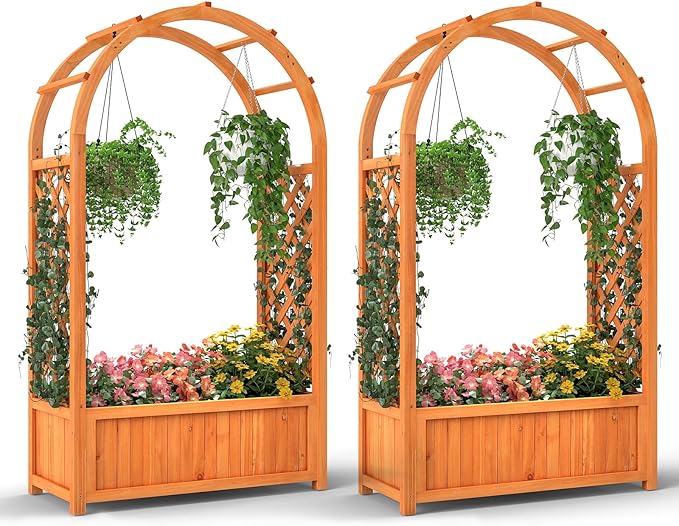Giantex Set of 2 Raised Garden Bed with Arch Trellis for Climbing Vine Flower Vegetable Wood Planter Box with Liner &amp Drainage Design Outdoor Plant Container for Yard Balcony (33x14x58)