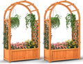 Giantex Set of 2 Raised Garden Bed with Arch Trellis for Climbing Vine Flower Vegetable Wood Planter Box with Liner &amp Drainage Design Outdoor Plant Container for Yard Balcony (33x14x58)