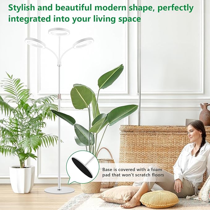 Grow Lights for Indoor Plants 3 Head Full Spectrum Plant Light with 68 Adjustable Stand for Growing Large Tall Plants White Halo Floor LED Grow Lamp with 16 Hour Timer