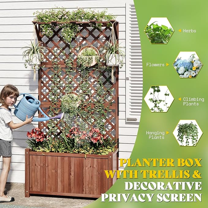AMERLIFE Raised Garden Bed with Trellis for Vegetables Climbing Plants Durable Natural Wood Planter Box with Drainage Holes Privacy Planter for Outdoor Yard &amp Patio Easy Assembly