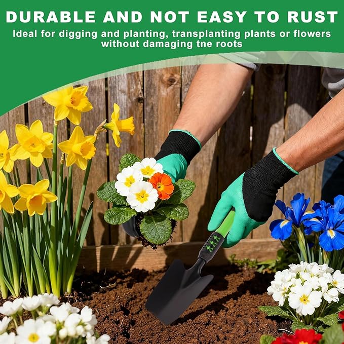 Garden Tool Set 3 Pack Lightweight Heavy Gardening Kit Including Hand Shovel Transplant Shovel and Hand Rake with Soft Rubber Non-Slip Handle for Planting Weeding Digging Green ﻿