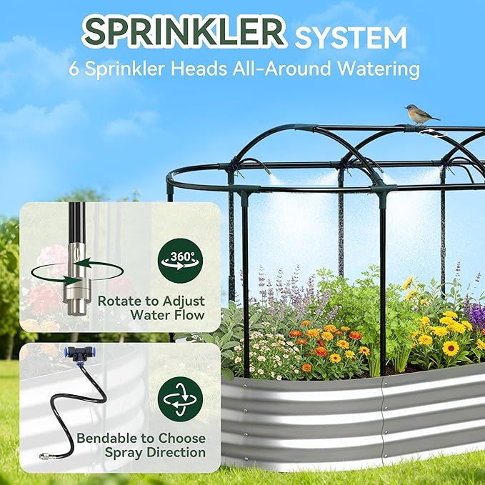 Raised Garden Bed with Sprinkler Timer and Self-Watering System 6x3x1 ft Elevated Planter Boxes Outdoor with Mesh Cover Galvanized Raised Beds forVegetablesFlowers Backyard Patio