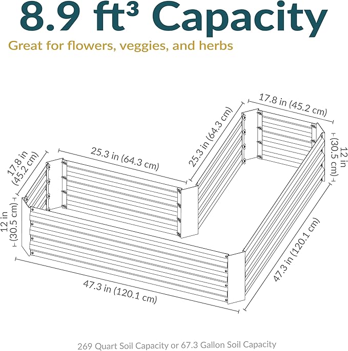 Sunnydaze Silver Galvanized Raised Garden Beds - 12” H L-Shaped and 48 W x 24 D x 12 H Rectangle