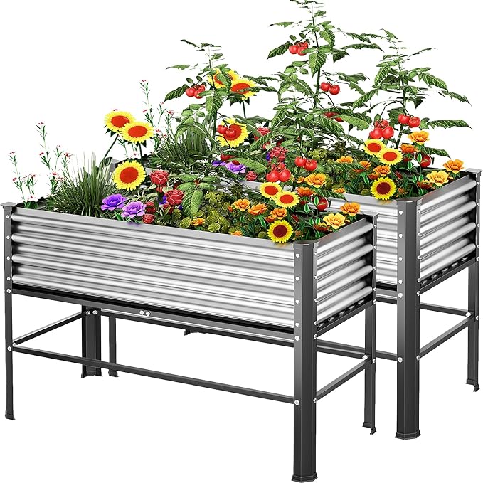 Doniks 2PCS Raised Garden Bed with Legs 48×24×32in Large Outdoor Metal Galvanized Garden Planting Box 600lb Capacity for Vegetables Lawn Green Flowers Fruits Terrace